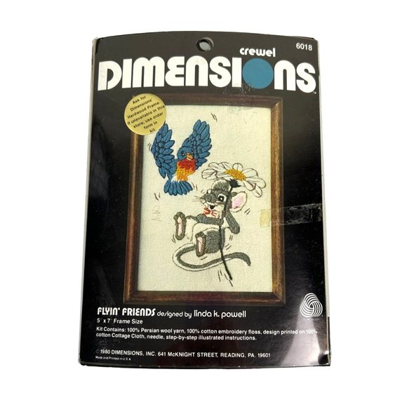 Vintage Dimensions Crewel 1980 Flyin' Friends Linda Powell 5x7 Mouse Bird Animal - Picture 1 of 12